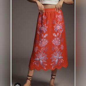 FARM Rio Red A-Line Midi Skirt with Lavender Floral Embroidery